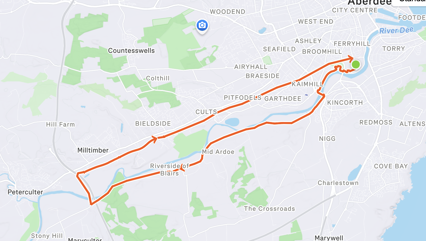 Aberdeen Half Marathon course map showing the route from Duthie Park along the River Dee, through Cults, Bieldside and Milltimber, and back via the Deeside Way.